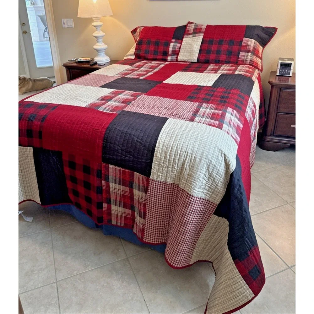 WOOLRICH Quilt King Patchwork 3pc Red Black Bedding Shams Vintage 108x92 Cabin